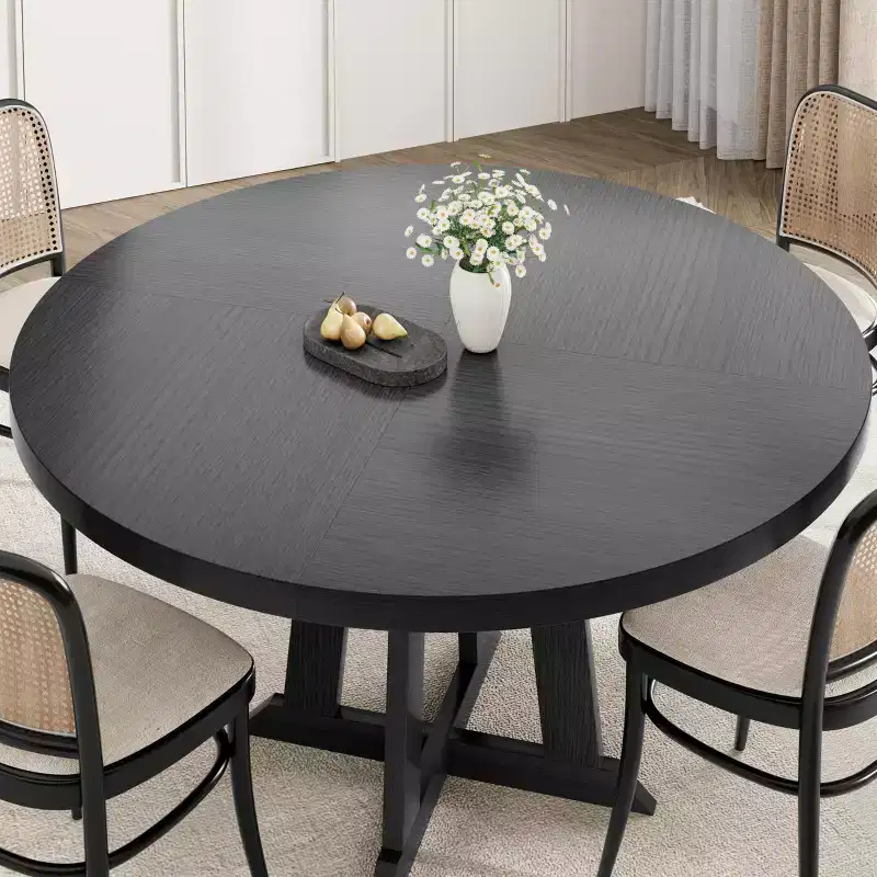 47.2 Round Dining Table for 4-6, Black Wood Kitchen Table with Pedestal Base and Adjustable Feet