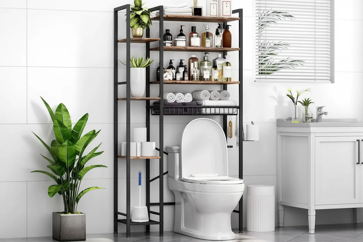 8 - Tier Over Toilet Storage with Side Rack, Adjustable Shelf Drain Basket, Freestanding Bathroom Organizer for Balcony