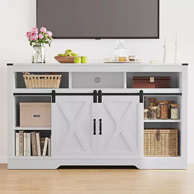 Farmhouse TV Stand for 23 Fireplace, 34'' Tall Entertainment Center for 65''+ TV, TV Console with Sliding Bar Door (without Fireplace)