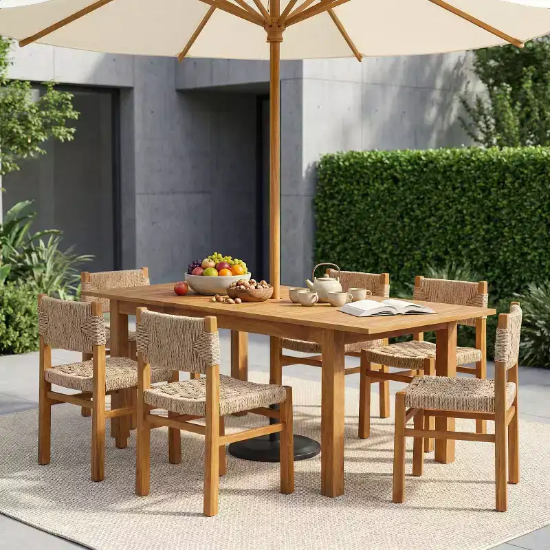 Christopher Knight Home Lan Farmhouse 7 Piece Acacia Wood Dining Set with Expandable Table and Wicker Design
