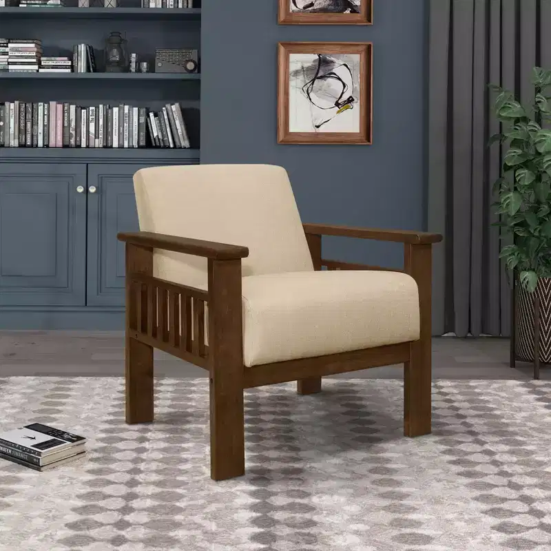 Okak Accent Chair 1pc Living Room Chair with Fabric Upholstered Walnut Finish Wood Armchair Reading Leisure Chair with Padded Seat and Back