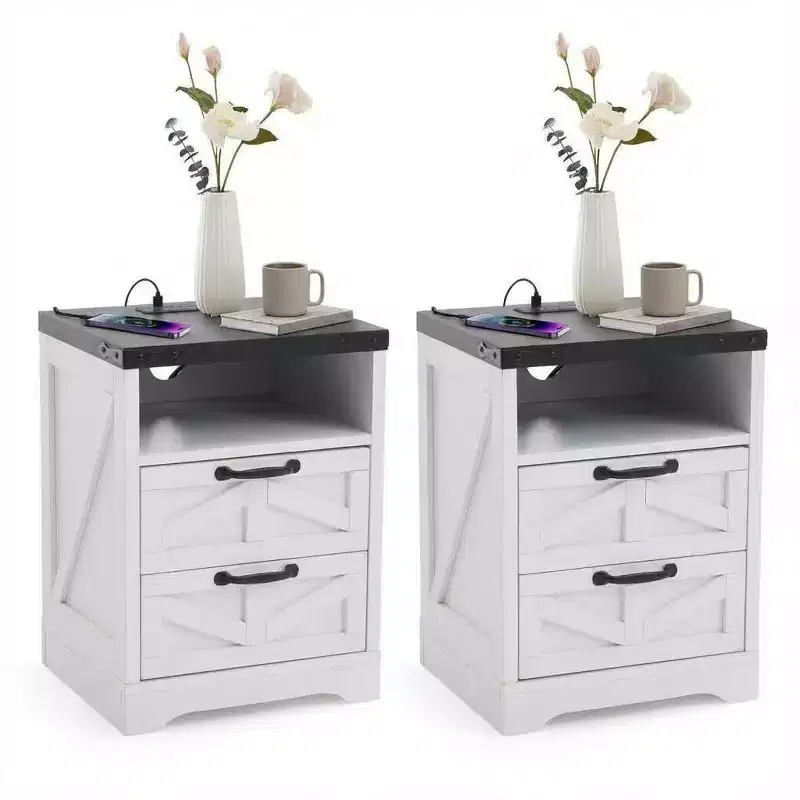 Farmhouse Nightstand with Charging Station, 2 Drawer Rustic End Table with USB Ports and Outlets, Industrial Bedside Table