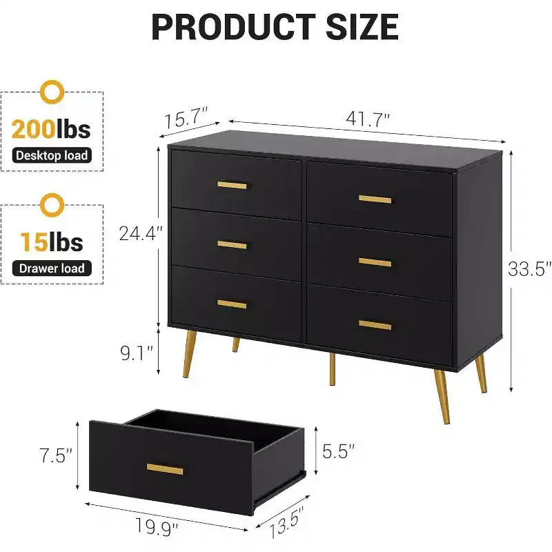 Modern 6 Drawer Dresser with Storage Space, Wooden Dresser with Gold Handles, Chest Dresser with Deep Drawers for Bedroom, Living Room, Office