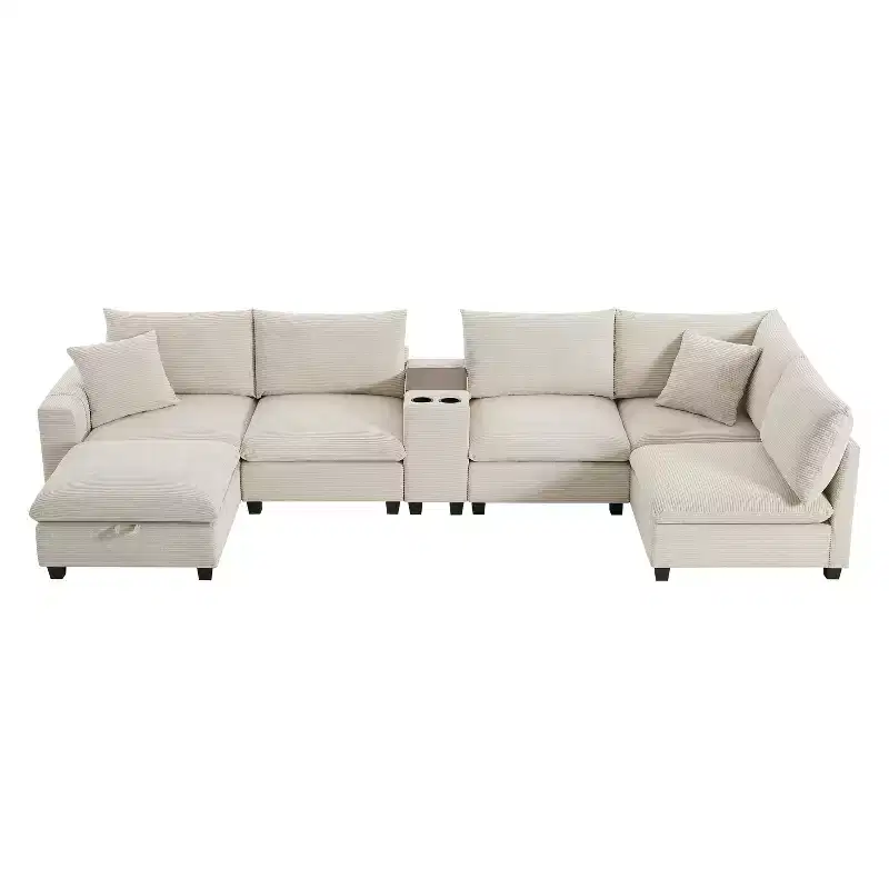 Modern Chenille 4-seat Sectional Sofa with Ottoman, L-Shaped Cloud Couch Set with Throw Pillows