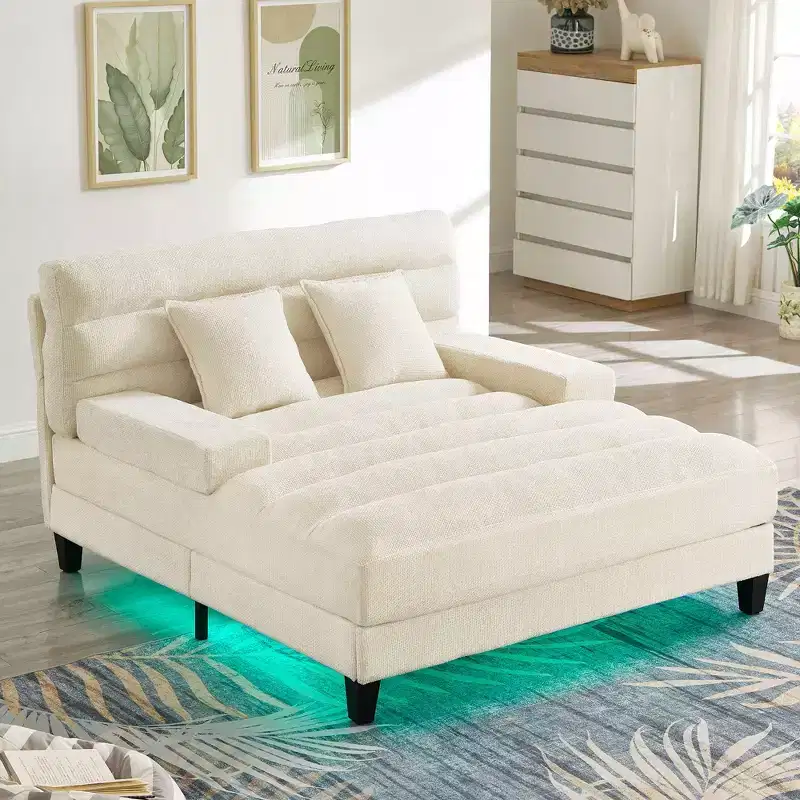 Modern Comfy Chaise Lounge Sleeper Sofa Bed with Adjustable Backrest & LED Light, Upholstered Deep Seat Sofa Couch for Living Room
