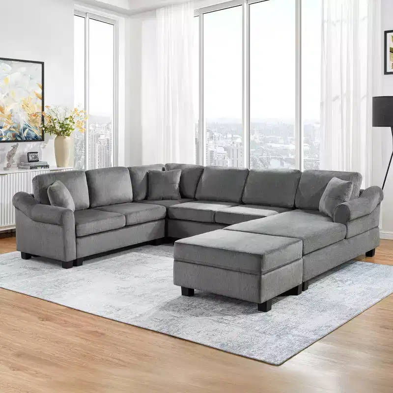 Sectional Sofa 111.8 U-shaped Sofa Chenille Upholstered Sofa Couch with Movable Storage Ottoman, Dark Gray