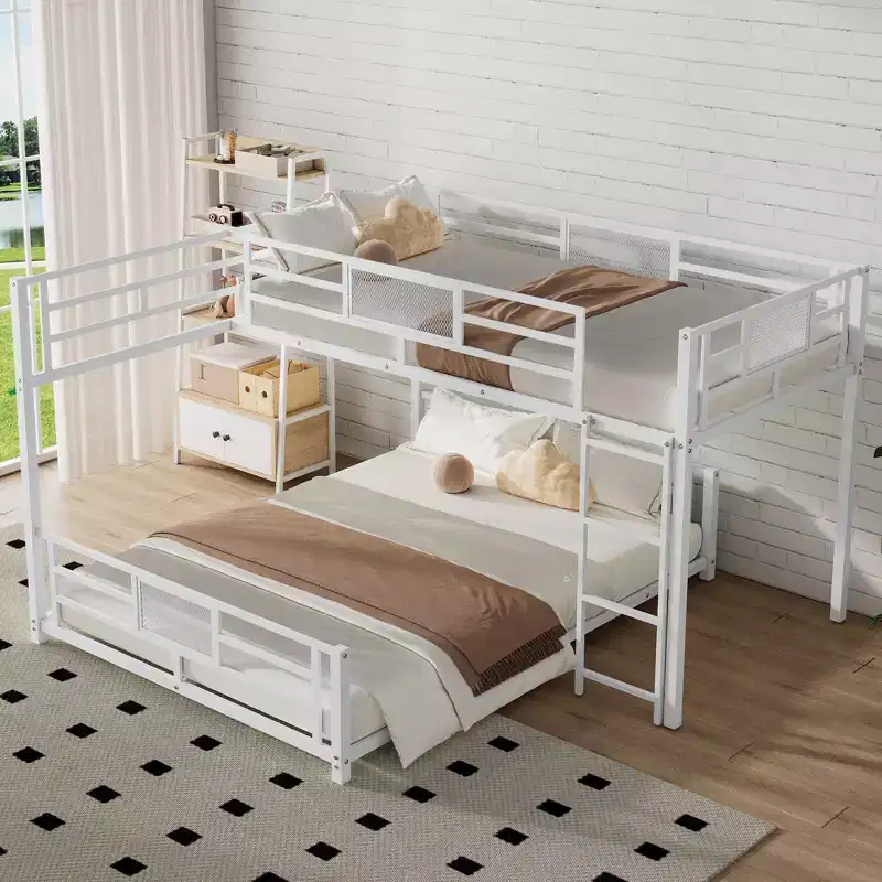 L-shaped Metal Twin over Full Size Bunk Bed, White
