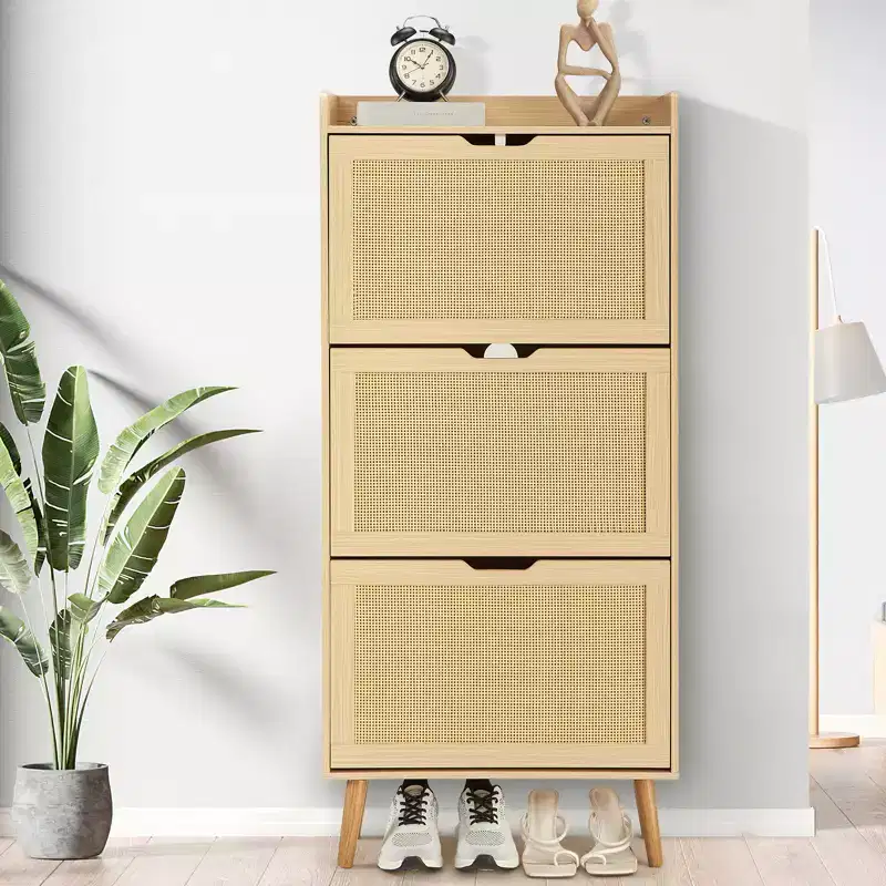 Hidden Shoe Storage with 3 Flip Rattan Flip-Drawer and Anti-Tip Design, Shoe Cabinet for Entryway, Hallway, 15-20 Pairs Storage Organizer