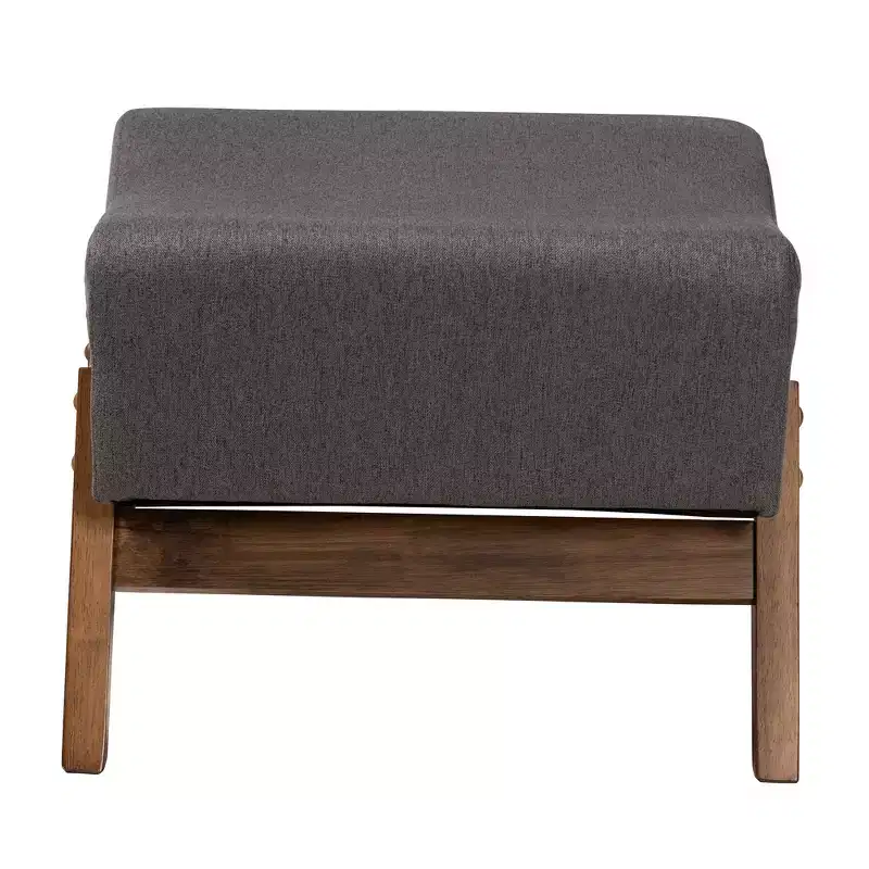 Mid-Century Modern Fabric Wood Ottoman – Bent Seat, Angled Legs, Foam Padded