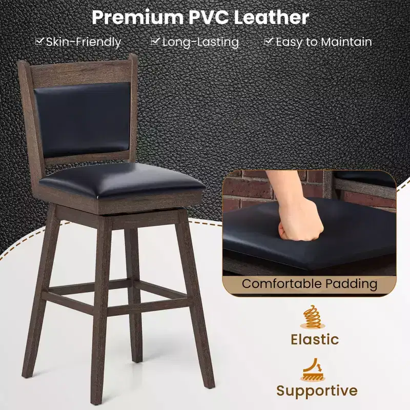29 Swivel Bar Stools Set of 2 with Back Rubber Wood Legs Sturdy Footrest