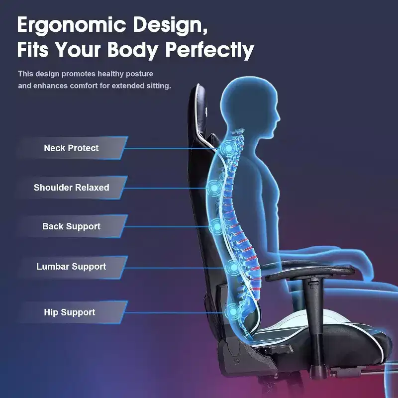 Douxlife Modern 7-Point Massage Ergonomic Gaming Chair with Footrest & Adjustable Armrests Black White