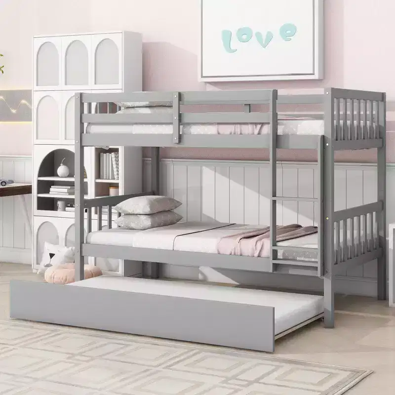 Bellemave Twin Over Twin Bunk Bed with Pull-Out Trundle, Solid Rubberwood, Converts to Two Twin Beds, Ladder & Guardrails, Space-Saving Design