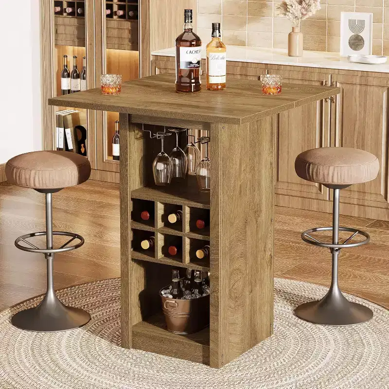 Lantine 31.5-Inch Square Bar Table, 4-Tier Wood Counter Height Home Bar Unit with Glass Holders, Wine Racks and Storage Shelves for Bistro