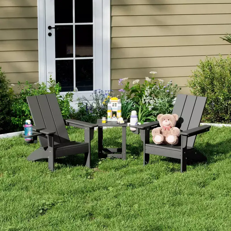 WestinTrends Ashore 3-Piece Kids HDPE Modern Adirondack Chairs Set with Square Side Table and Cup Holders