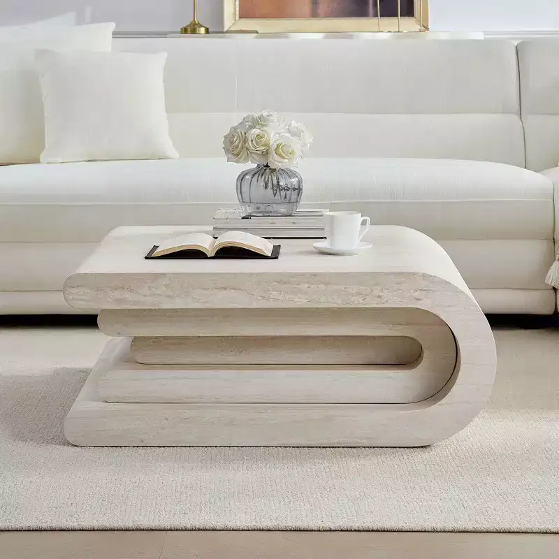GDFStudio Laurine Modern Travertine Pattern Layered Coffee Table