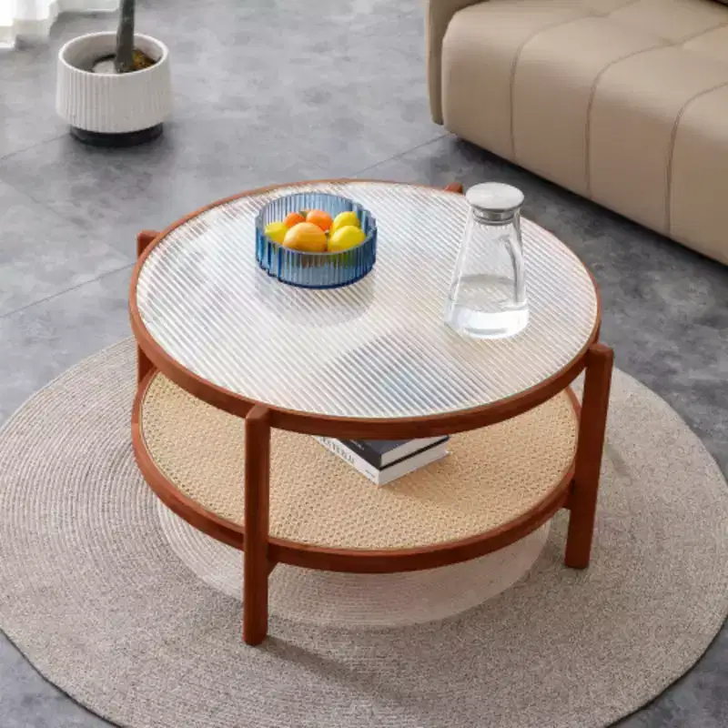 Modern minimalist circular double-layer solid wood coffee table, craft glass tabletop, second layer material: PE rattan, solid wood frame