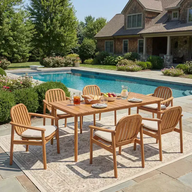 Christopher Knight Home Priya Farmhouse 7 Piece Acacia Wood Patio Dining Set with Rectangular Slatted Table