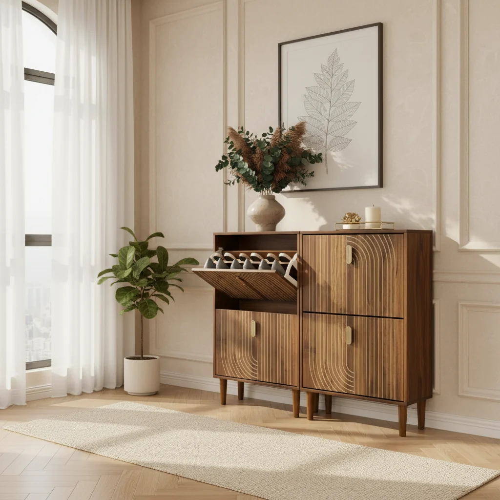Freestanding Shoe Cabinet with Two Flip Drawers and Wave Doors for Entryway and Closet Organization