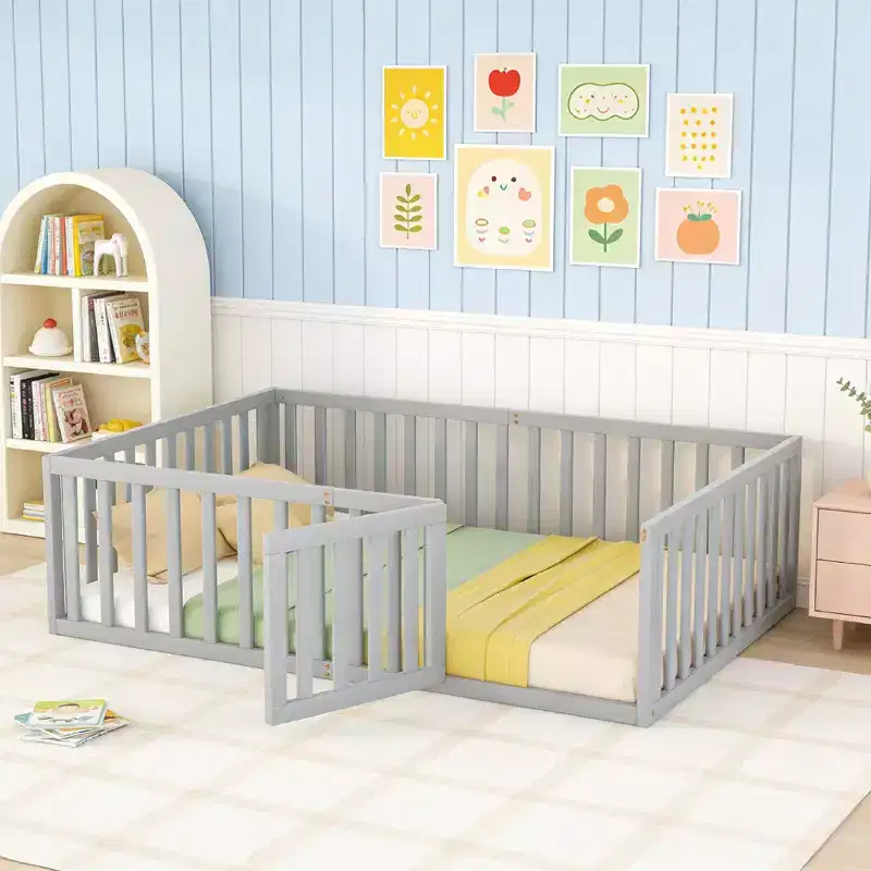 Luxystar Full Size Wooden Floor Bed Frame with Fence and Door