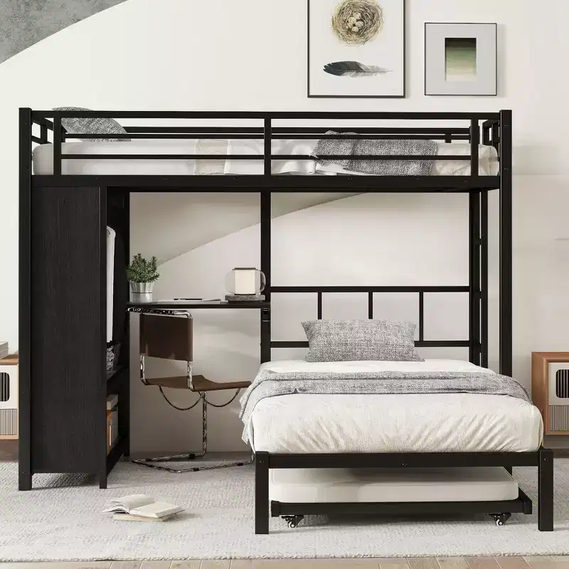 Twin over Twin Bunk Bed with Built-in Wardrobe Metal Bunk Bed with Trundle Foldable Desk Ladders Noise-reduced design Black