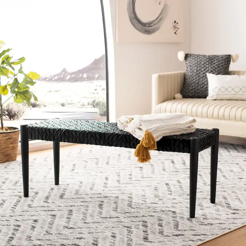 SAFAVIEH Mahalia Bandelier Wood & Leather Bench - 47 W x 16 D x 19 H - 47Wx16Dx19H