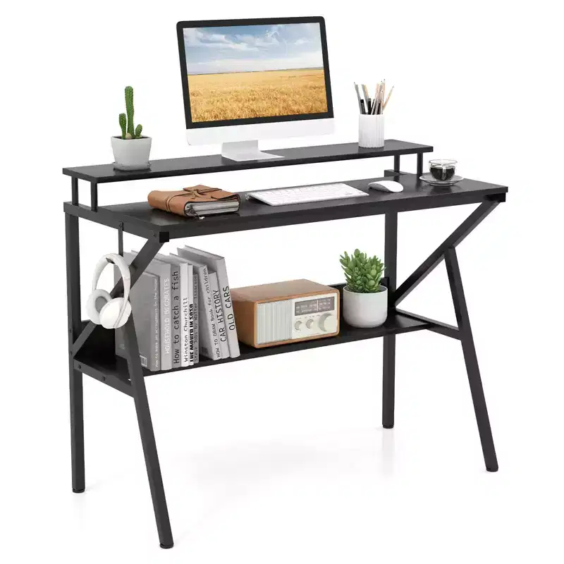 Home Office Desk with Monitor Stand, Open Shelf & Metal Frame, Earphone Hook White/Brown/Black/Pink