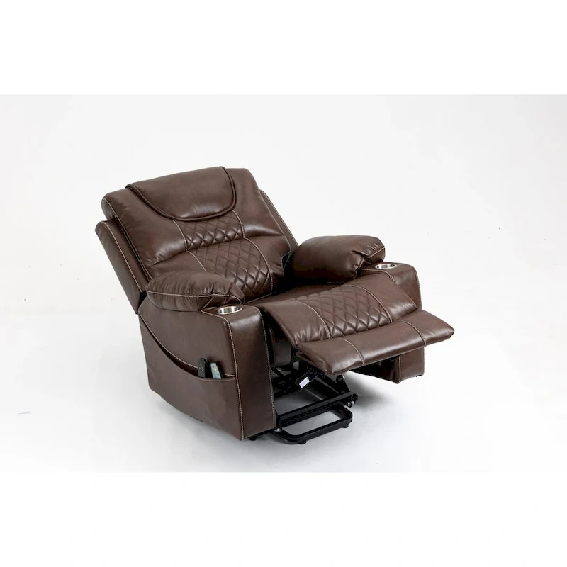 Brown Leather Power Lift Recliner, Multi-Function Massage, Heating, Cup Holders