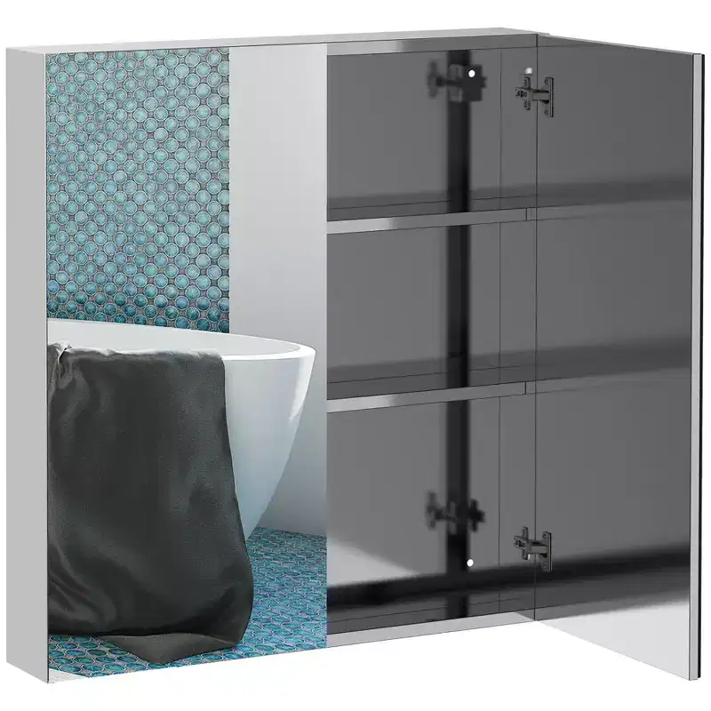 Bathroom Mirrored Cabinet, 24x26 Stainless Steel Frame Medicine Cabinet, Wall-Mounted Storage Organizer with Double Doors, Silver