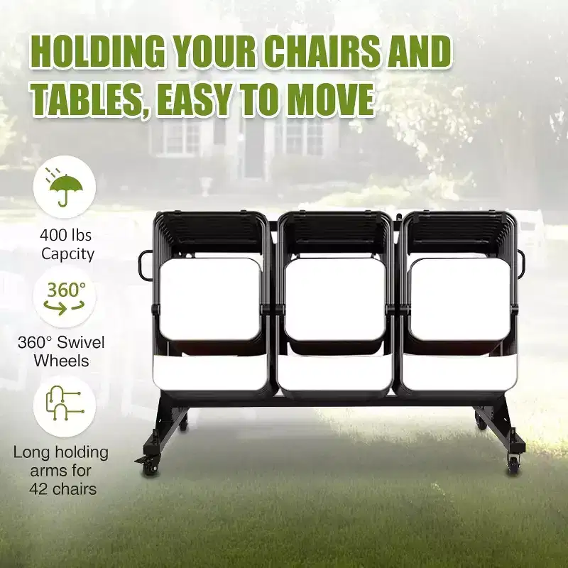 Folding Chair Rack Cart with Adjustable Height, PVC Locking Wheels, Cover Included, Heavy Duty Metal Frame, Holds up to 42 Chairs