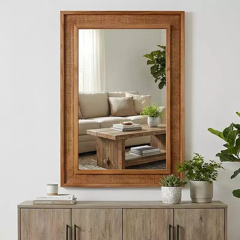 GDFStudio Brielle Farmhouse Rattan Solid Wood Decorative Wall Mirror
