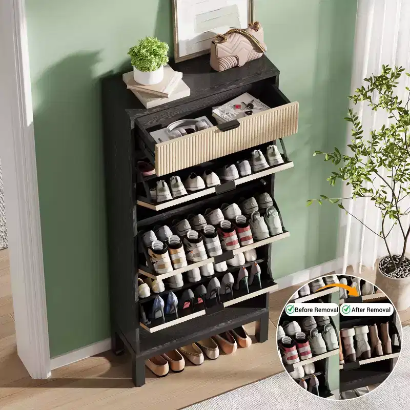 3 Flip Drawers & 1 Small Drawer, Shoe Cabinet, , Narrow Wooden Shoe Rack with Metal Legs for Entryway