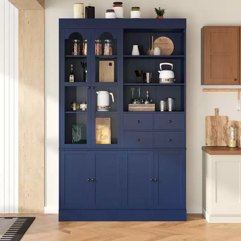 Freestanding Buffet with Hutch, Tall Kitchen Pantry Cabinet with 4 Drawers, Door Shelves and Pull-out Trays