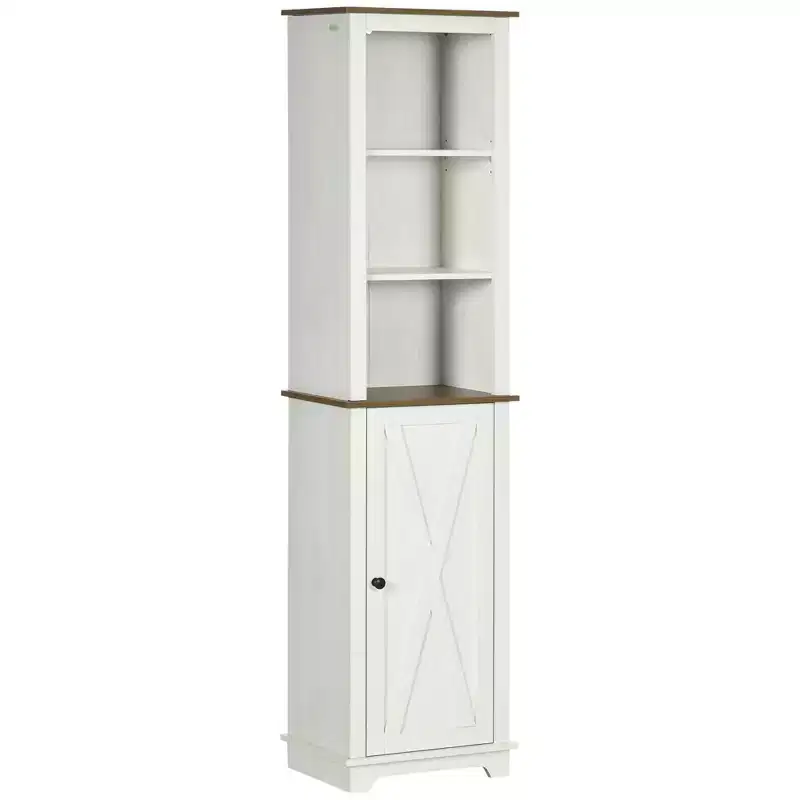 kleankin Slim Bathroom Storage Cabinet with Open Shelves & Cupboard, Freestanding Linen Tower Tall Skinny Bathroom Storage Cabinet Door Shelves, White