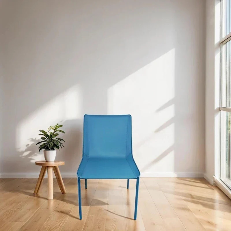 Minimalist Leather Dining Chair With Stitching Detail in Blue