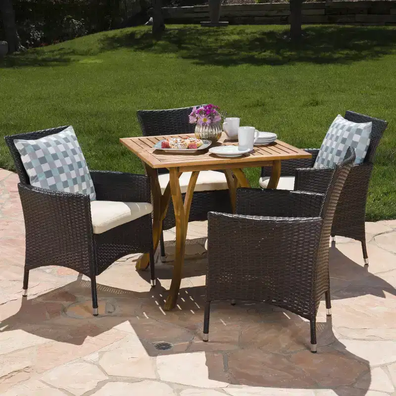 Christopher Knight Home Tyson Outdoor Acacia Wood and Wicker 5 Piece Dining Set with Cushions