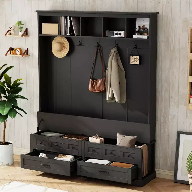 Hall Tree with 5 Hooks, Lift-Top Storage Bench and 2 Drawers, Black