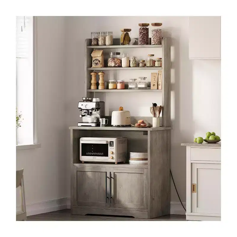 62.5'' Tall Bakers Rack, Compact Microwave Oven Stand, Cabinet & Open Shelves, Wood Coffee Bar Station for Dining Room, Living Room