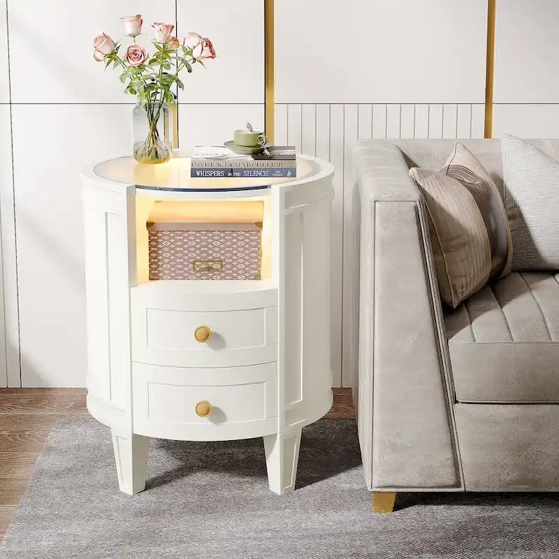 Round Nightstand with 2 Drawers, LED Light and Open Shelf – 25.5 Inch Tall