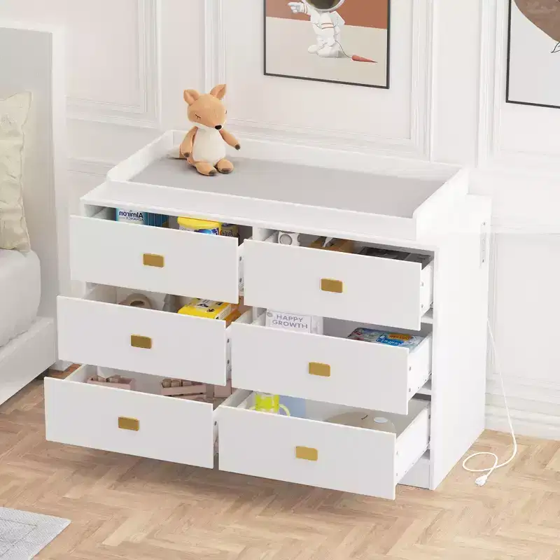 6-Drawer Changing Table Dresser,Baby Nursery Dresser & Diaper Changing Station Featuring Removable Top, Soft Pad, and MultiFunction Storage