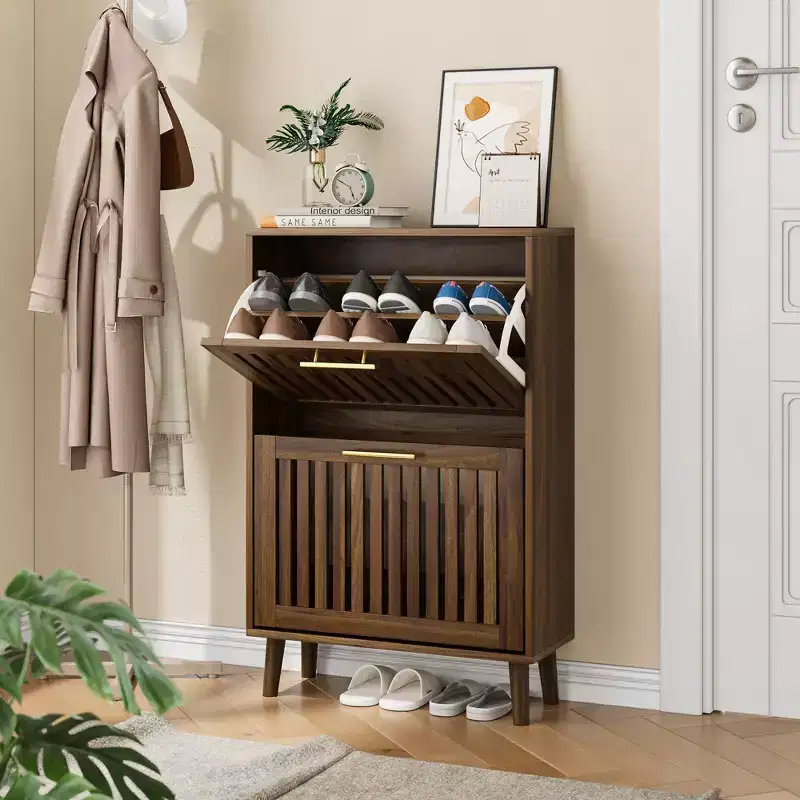 Modern Wooden Fence Shoe Cabinet with 2 Flip Drawers