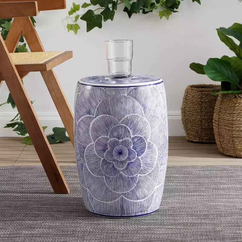JONATHAN Y Camellia 17 Ceramic Drum Garden Stool/Accent Table, Blue