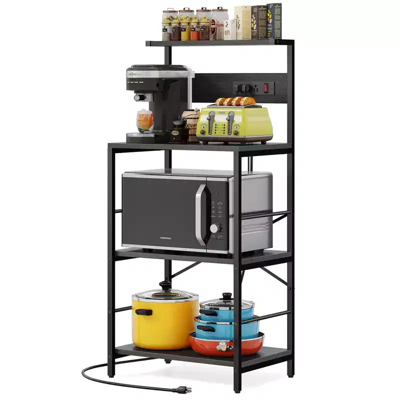 Anycoo 4-Tier Bakers Rack with Power Outlets, Microwave Stand with Storage, Freestanding Kitchen Shelf, Coffee Bar Table, Black/Brown/Gray