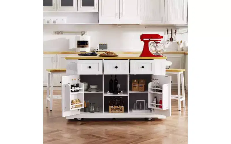 JVNOXK 53-inch 5-wheel kitchen island with 2 bar stool sockets, folding tabletop, open side shelves, and drawers. Suitable for kitchens. White