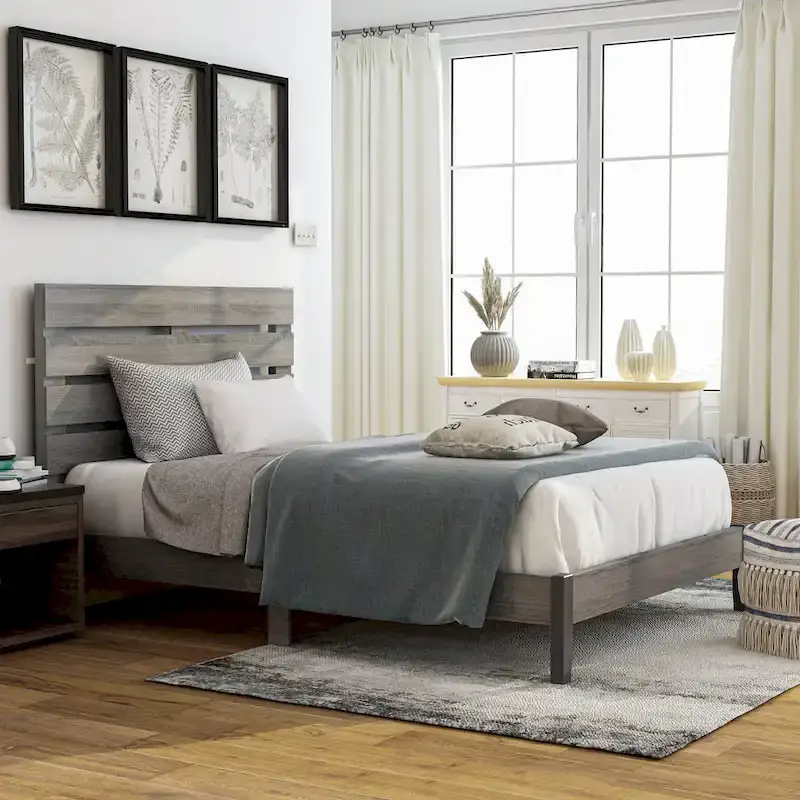 Rustic Slatted Headboard Platform Bed with Tapered Legs and Wood Slats – Distressed Grey, Queen / California King, 2-Person Use