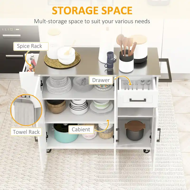 Rolling Kitchen Cart with Drawer, Towel Rack and Adjustable Shelves
