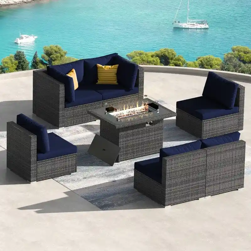FINCATI Outdoor High Back 7-piece PE Wicker Patio Conversation Sectional Set with Fire Pit Table and Thickened Cushions