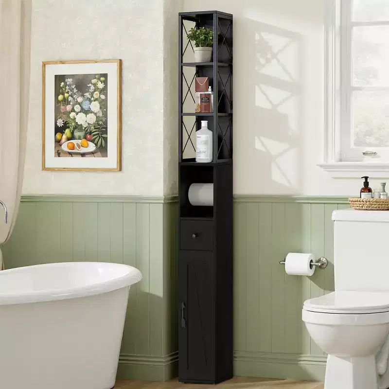 Black, Slim Tall Bathroom Storage Cabinet with Drawer & Adjustable Shelves, 1-Person