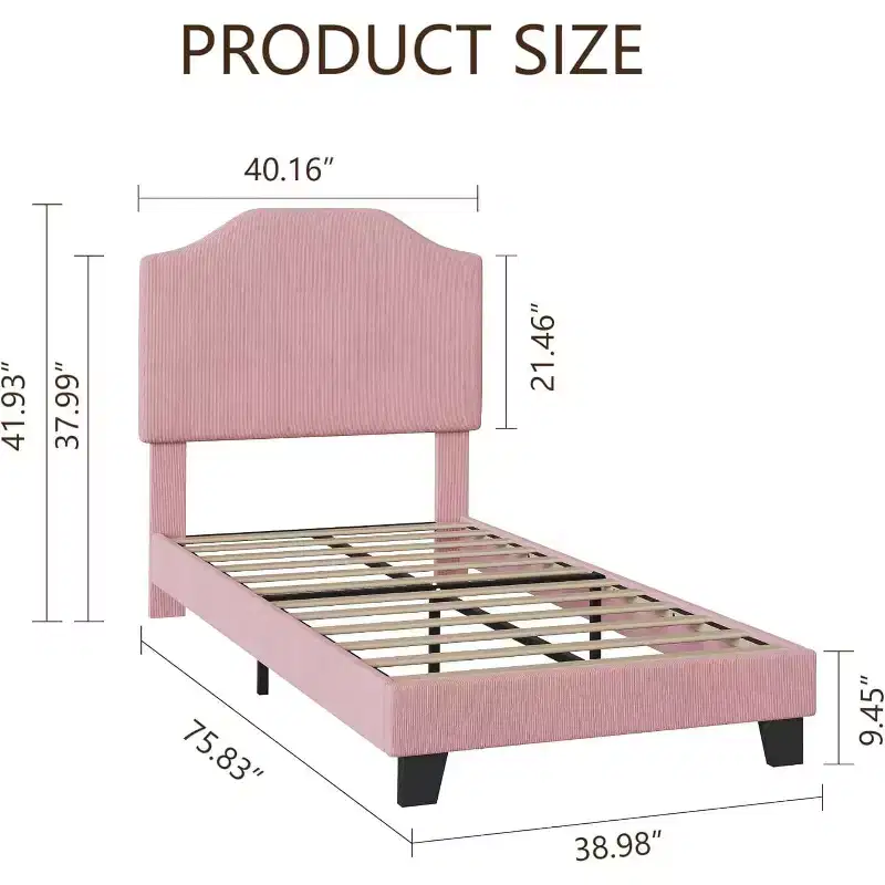 Twin Size Velvet Bed Frame, Adjustable Headboard, Soft Corduroy Upholstered Platform, Durable Wooden Slats, Noise Free, No Box Spring Needed, Pink
