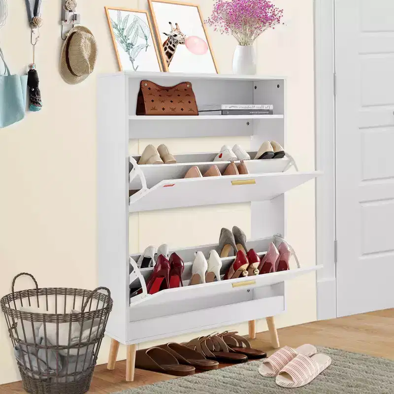 Shoe Cabinet with 2 Flip Drawers, Entryway Shoe Storage Organizer with Top Storage Cubby, White