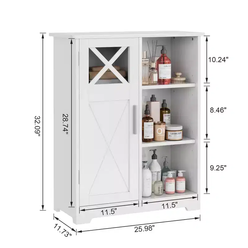 VECELO Bathroom Floor Storage Cabinet with 2 Adjustable Shelves, Freestanding Cabinet with 1 Door & 3 Open Compartments, White